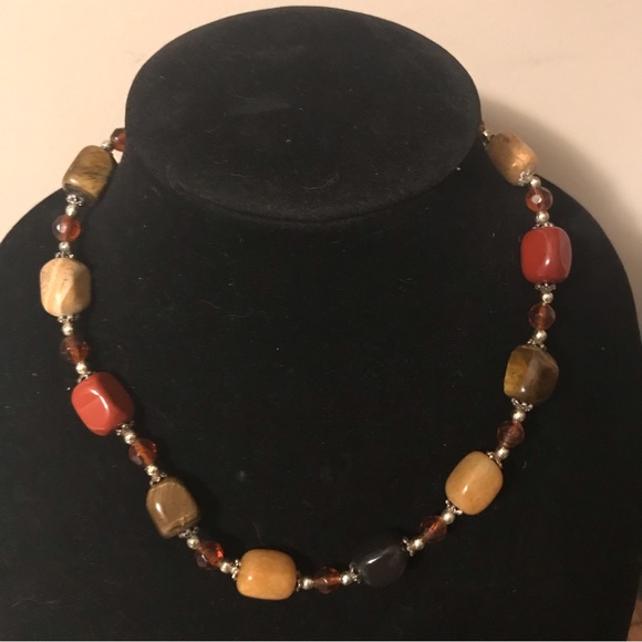 EVC Bohemian Jasper Stone 22”L Necklace Earthy Fall Colors Silver Tone Accents - Picture 5 of 8